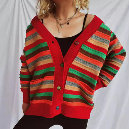 Contrast Stripe Women's Cardigan Autumn Casual Loose Button Knit Sweater