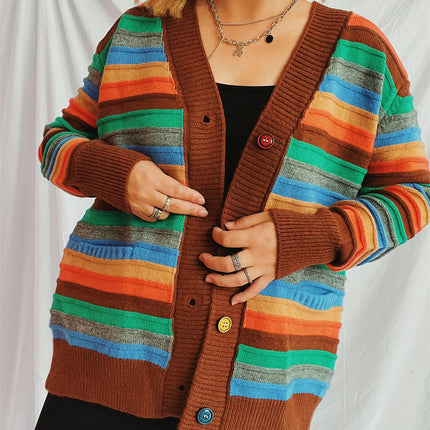 Contrast Stripe Women's Cardigan Autumn Casual Loose Button Knit Sweater