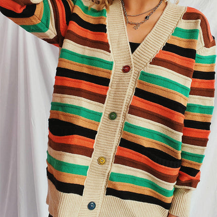 Contrast Stripe Women's Cardigan Autumn Casual Loose Button Knit Sweater