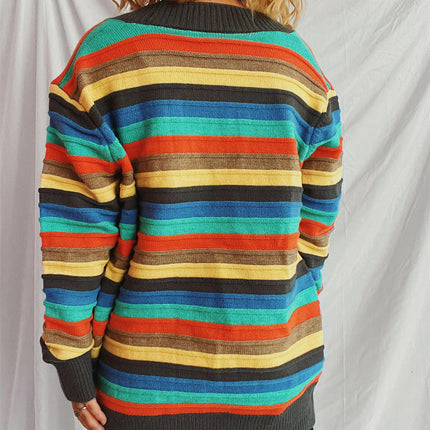 Contrast Stripe Women's Cardigan Autumn Casual Loose Button Knit Sweater