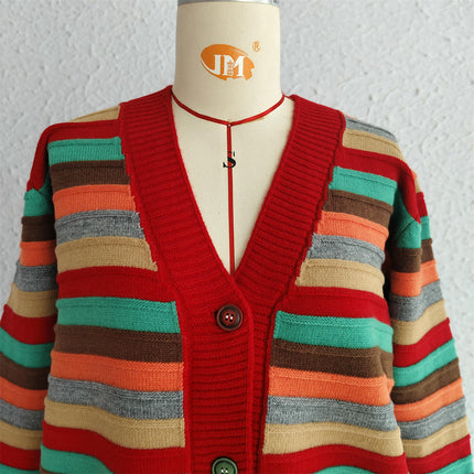 Contrast Stripe Women's Cardigan Autumn Casual Loose Button Knit Sweater