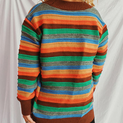 Contrast Stripe Women's Cardigan Autumn Casual Loose Button Knit Sweater