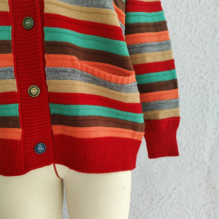 Contrast Stripe Women's Cardigan Autumn Casual Loose Button Knit Sweater