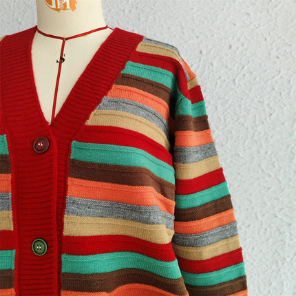 Contrast Stripe Women's Cardigan Autumn Casual Loose Button Knit Sweater
