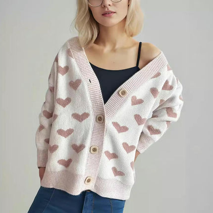 Autumn and Winter Love Sweater Cardigan Loose Knitted Button Cardigan for Women