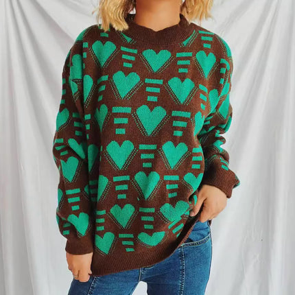 Winter Love Heart Sweater Women's Loose Contrast Color Casual Round Neck Warm Knitted Top