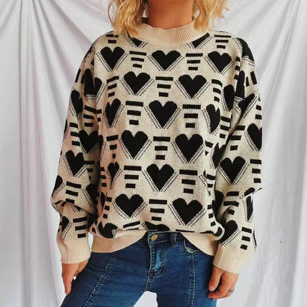 Winter Love Heart Sweater Women's Loose Contrast Color Casual Round Neck Warm Knitted Top