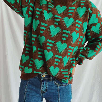 Winter Love Heart Sweater Women's Loose Contrast Color Casual Round Neck Warm Knitted Top