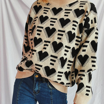 Winter Love Heart Sweater Women's Loose Contrast Color Casual Round Neck Warm Knitted Top