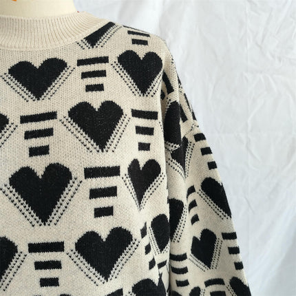 Winter Love Heart Sweater Women's Loose Contrast Color Casual Round Neck Warm Knitted Top