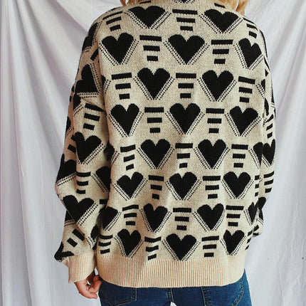 Winter Love Heart Sweater Women's Loose Contrast Color Casual Round Neck Warm Knitted Top