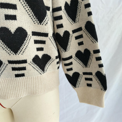 Winter Love Heart Sweater Women's Loose Contrast Color Casual Round Neck Warm Knitted Top