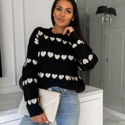 Womens Heart Sweater Crew Neck Cute Ribbed Knit Loose Casual Pullover Sweaters