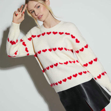 Womens Heart Sweater Crew Neck Cute Ribbed Knit Loose Casual Pullover Sweaters