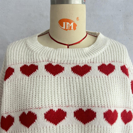 Womens Heart Sweater Crew Neck Cute Ribbed Knit Loose Casual Pullover Sweaters