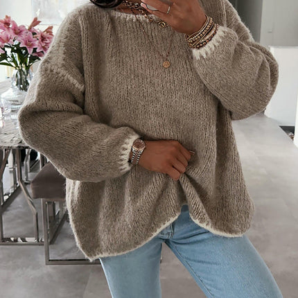 Winter Round Neck Pullover Bat Sleeve Casual Knitted Sweater Top for Women