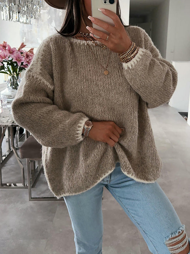 Winter Round Neck Pullover Bat Sleeve Casual Knitted Sweater Top for Women