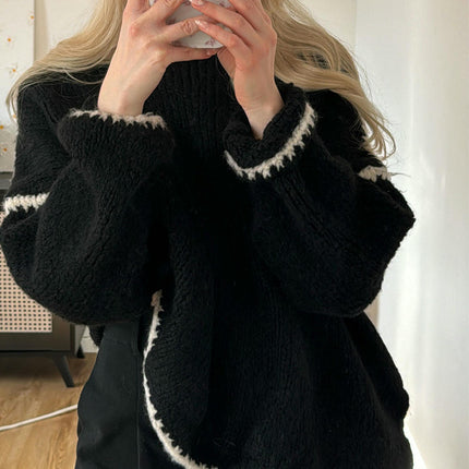 Winter Round Neck Pullover Bat Sleeve Casual Knitted Sweater Top for Women