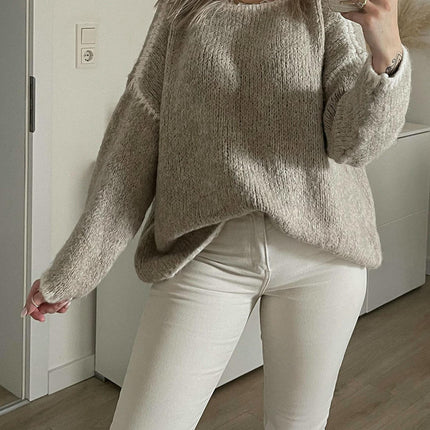 Winter Round Neck Pullover Bat Sleeve Casual Knitted Sweater Top for Women