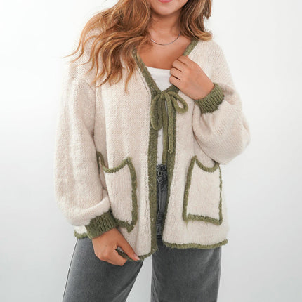 Women's Autumn Winter Front Tie Knit Pocket Cardigan Sweater Long Sleeve Top