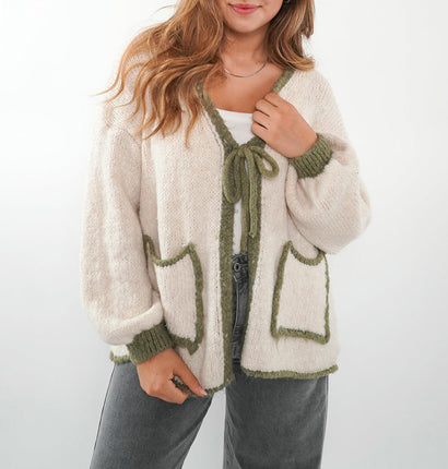 Women's Autumn Winter Front Tie Knit Pocket Cardigan Sweater Long Sleeve Top