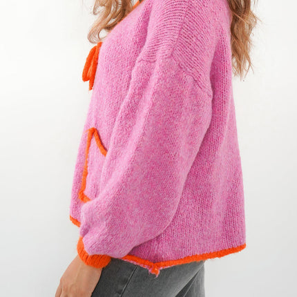 Women's Autumn Winter Front Tie Knit Pocket Cardigan Sweater Long Sleeve Top