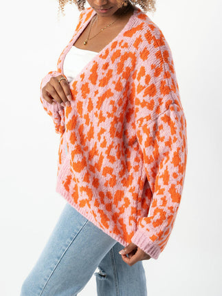 Women's leopard print contrast color cardigan long sleeve knitted jacket