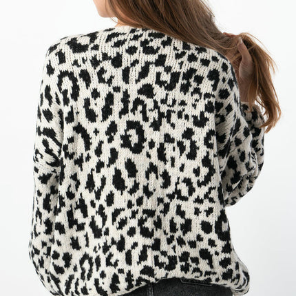Women's leopard print contrast color cardigan long sleeve knitted jacket