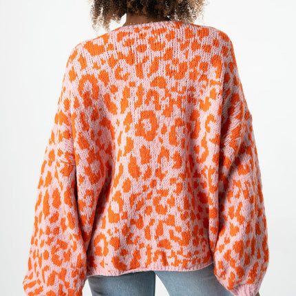 Women's leopard print contrast color cardigan long sleeve knitted jacket