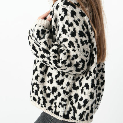 Women's leopard print contrast color cardigan long sleeve knitted jacket