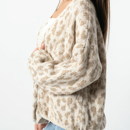 Women's leopard print contrast color cardigan long sleeve knitted jacket