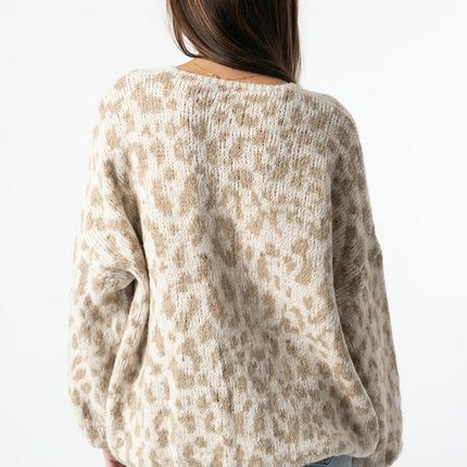 Women's leopard print contrast color cardigan long sleeve knitted jacket