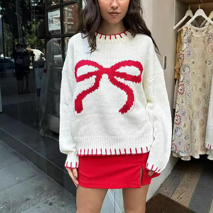 Women's Bow Jacquard Sweater Winter Lazy Style Loose Warm Pullover Cardigan