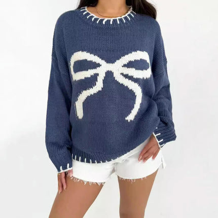 Women's Bow Jacquard Sweater Winter Lazy Style Loose Warm Pullover Cardigan