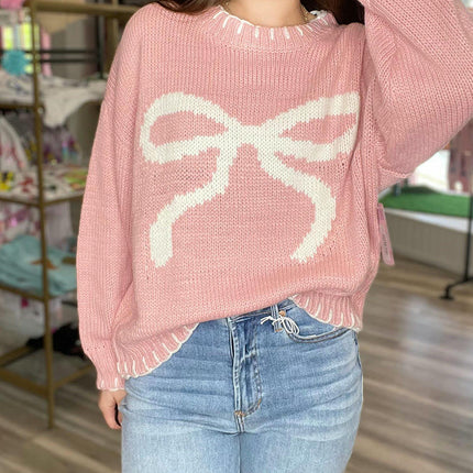 Women's Bow Jacquard Sweater Winter Lazy Style Loose Warm Pullover Cardigan