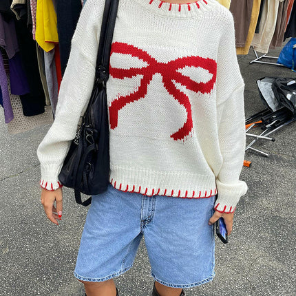 Women's Bow Jacquard Sweater Winter Lazy Style Loose Warm Pullover Cardigan