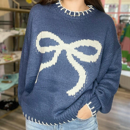 Women's Bow Jacquard Sweater Winter Lazy Style Loose Warm Pullover Cardigan