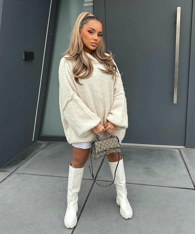 Loose Half Turtleneck Trumpet Sleeve Commuter Style Knitted Pullover Sweater Women