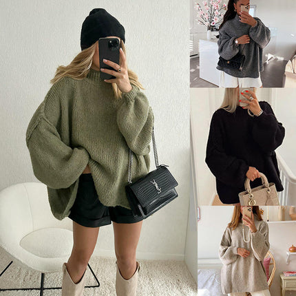 Loose Half Turtleneck Trumpet Sleeve Commuter Style Knitted Pullover Sweater Women
