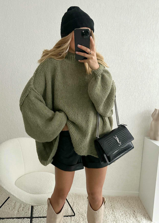 Loose Half Turtleneck Trumpet Sleeve Commuter Style Knitted Pullover Sweater Women