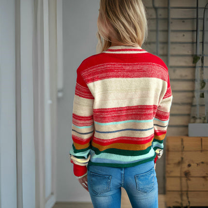 Rainbow Striped Sweater V-Neck Contrast Button Long Sleeve Casual Jacket Women