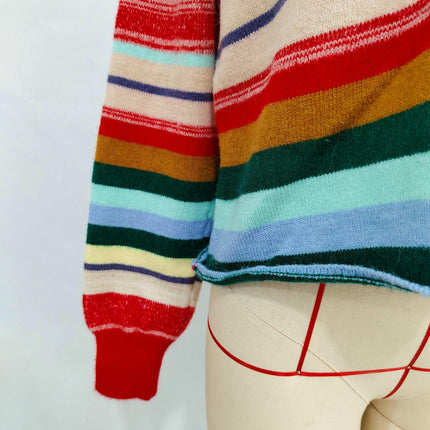 Rainbow Striped Sweater V-Neck Contrast Button Long Sleeve Casual Jacket Women