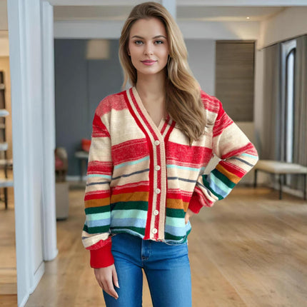 Rainbow Striped Sweater V-Neck Contrast Button Long Sleeve Casual Jacket Women