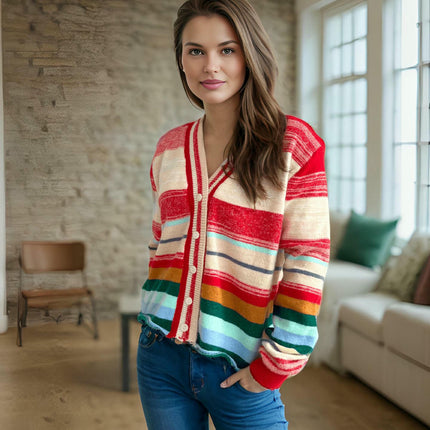 Rainbow Striped Sweater V-Neck Contrast Button Long Sleeve Casual Jacket Women