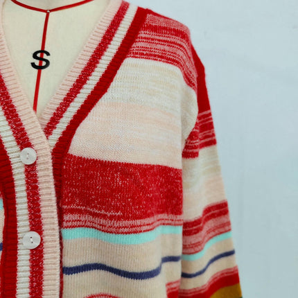 Rainbow Striped Sweater V-Neck Contrast Button Long Sleeve Casual Jacket Women