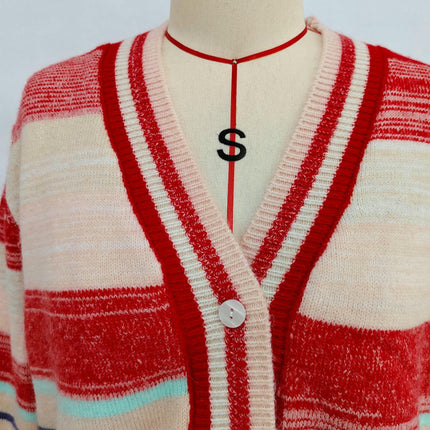 Rainbow Striped Sweater V-Neck Contrast Button Long Sleeve Casual Jacket Women
