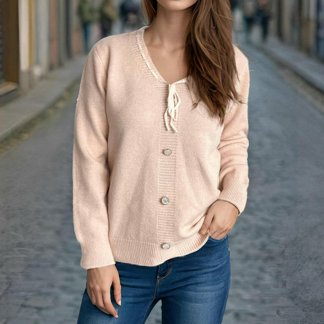 Autumn Knitted Sweater Women - Long Sleeve Casual Lace-up Button Decorated Pullover