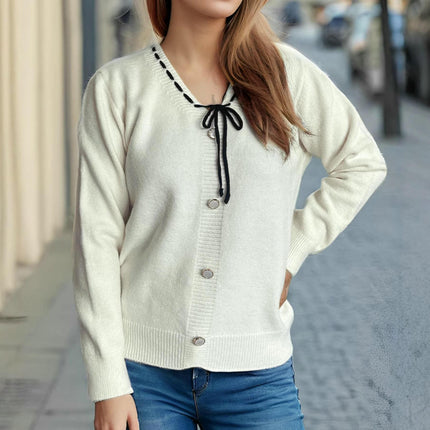 Autumn Knitted Sweater Women - Long Sleeve Casual Lace-up Button Decorated Pullover