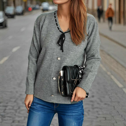 Autumn Knitted Sweater Women - Long Sleeve Casual Lace-up Button Decorated Pullover