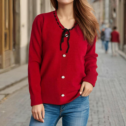 Autumn Knitted Sweater Women - Long Sleeve Casual Lace-up Button Decorated Pullover
